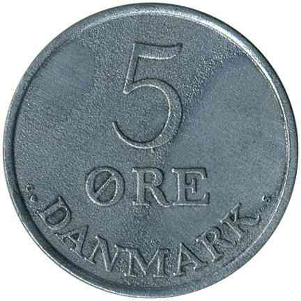 Монета 5 эре. 1950-1964 год, Дания. Полтава
