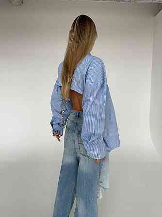 Женская стильная оверсайз рубашка с открытой спиной коттон Голубой Одесса