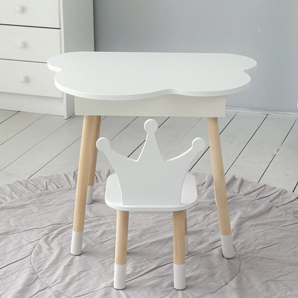 Столик хмаринка з відкидною нішею 54х68х50 і стільчик корона 26х26х24, стіл та стілець в дитячу, білий Кам'янське - фото 1