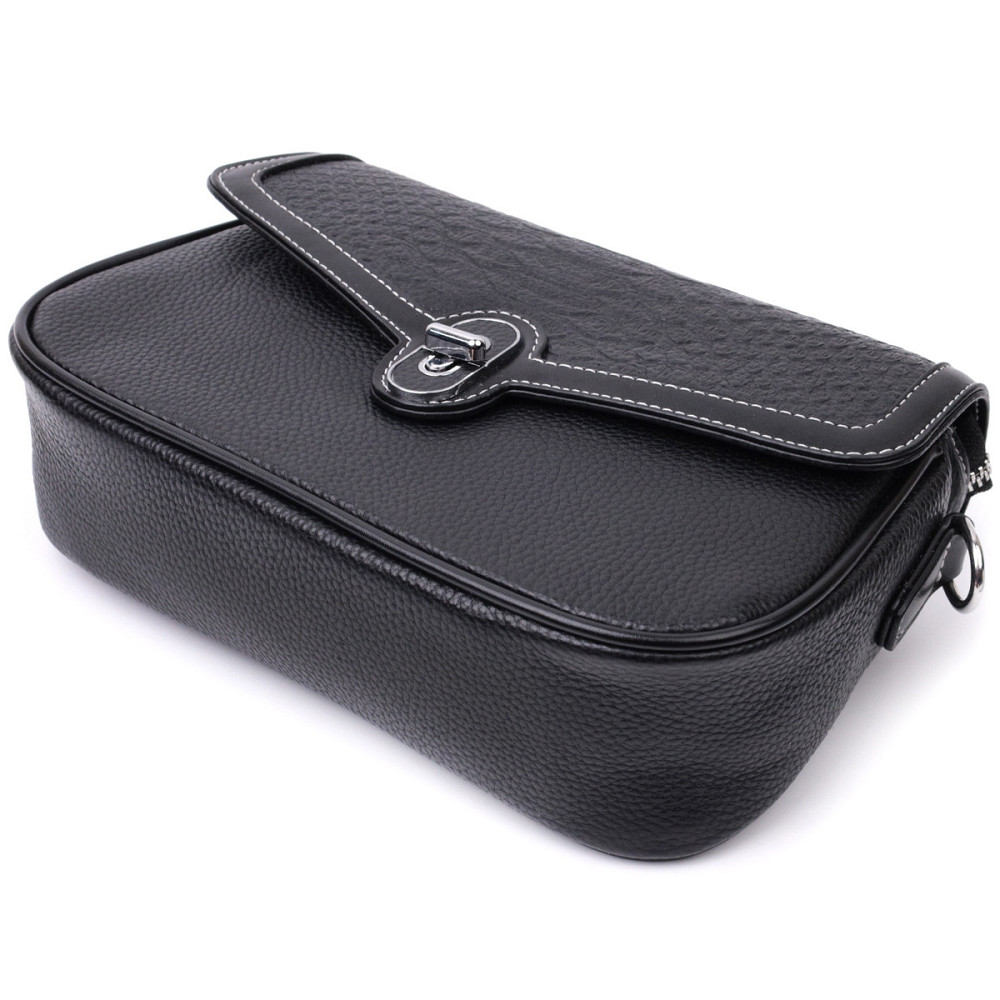 Элегантная женская сумка с фактурным клапаном из натуральной кожи Vintage 22624 Черная Киев - изображение 7