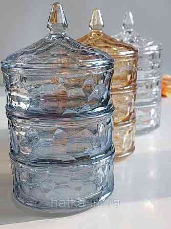 Цукорниця ємність для зберігання скляна 3-рівнева "Жива вода" блакитна 3*400 мл h 23 см d 13 см Київ