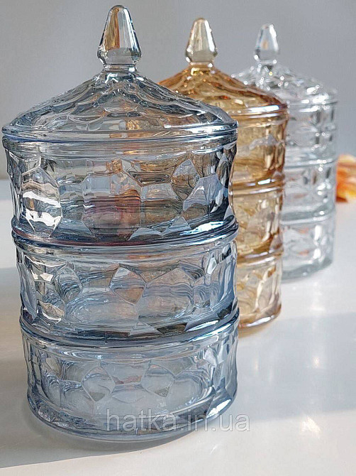 Цукорниця ємність для зберігання скляна 3-рівнева "Жива вода" блакитна 3*400 мл h 23 см d 13 см Київ - фото 1
