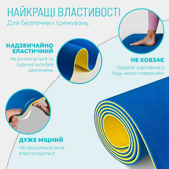 Килимок для йоги та фітнесу EasyFit TPE+TC 6 мм двошаровий синій-жовтий Коломия