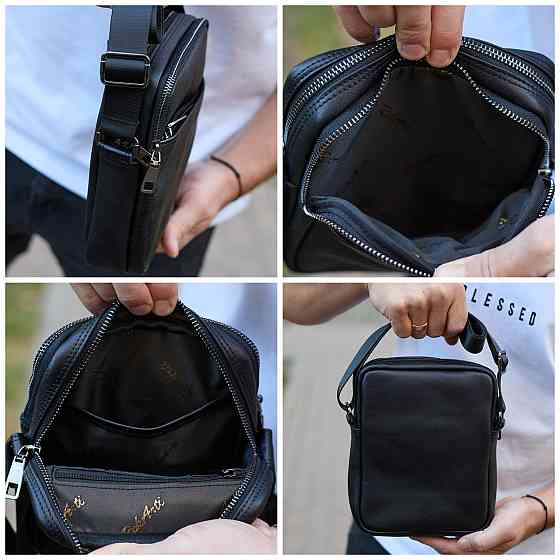 Мужская сумка через плечо, гладкая кожа 20х16х6, мессенджер для города, борсетка для телефона и документов, черная Киев