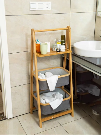 Складная полка для одежды из бамбука с тканевыми корзинами, корзина для белья, 44×35×99см Каменец-Подольский