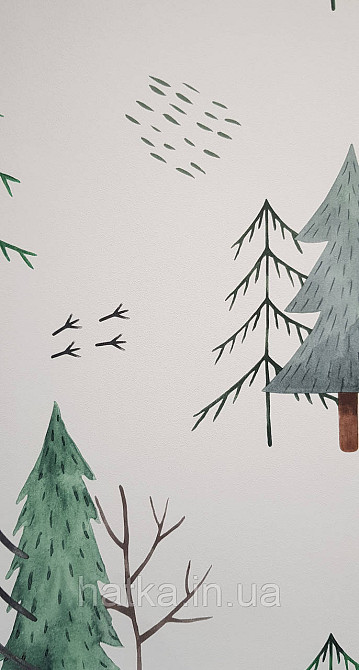 Шпалери флізелінові екологічно чисті Rasch Kids World 0.53х10 дитячі ялинки гілки зелені сірі на білому Київ - фото 2