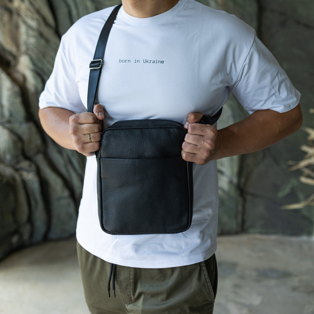Сумка барсетка через плече чоловіча шкіряна каркасна містка з ременем, чорнаMasterSem Київ - фото 2