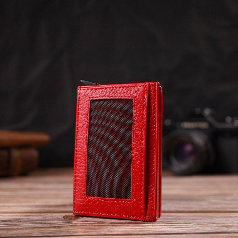 Женский картхолдер в три сложения с автоматическим механизмом из натуральной кожи флотар Красный (CANPELLINI) Киев - изображение 3