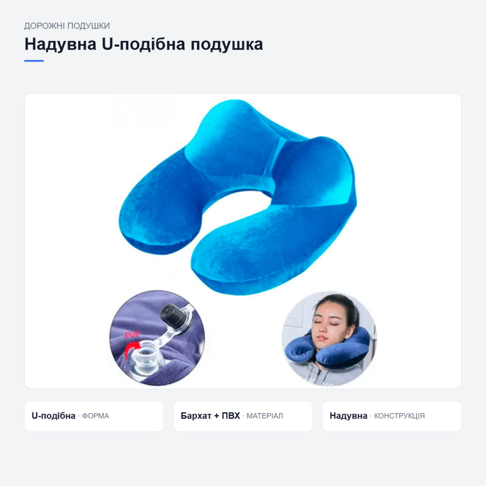 Надувна подушка дорожня U-подібна з підголівником бархатна для шиї та відпочинку Київ - фото 3
