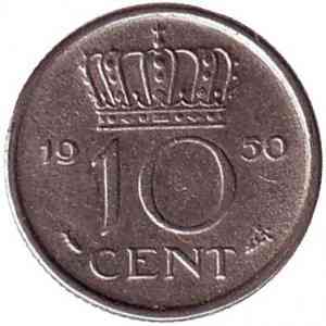 Монета 10 центов. 1950 год, Нидерланды. Полтава