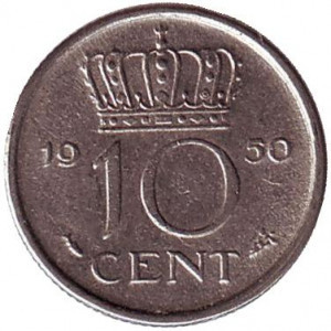 Монета 10 центів. 1950 рік, Нідерланди. Полтава - фото 1
