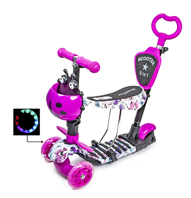 Дитячий самокат з сидінням та батьківською ручкою Scooter 5 в 1 з малюнком Маки Одеса - фото 1
