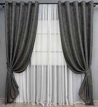 Комплект штор на люверсах VR-Textil Лен мрамор Pavliani № 1667ш Графитовый 150х250 см 2 шт (37-0170) Киев