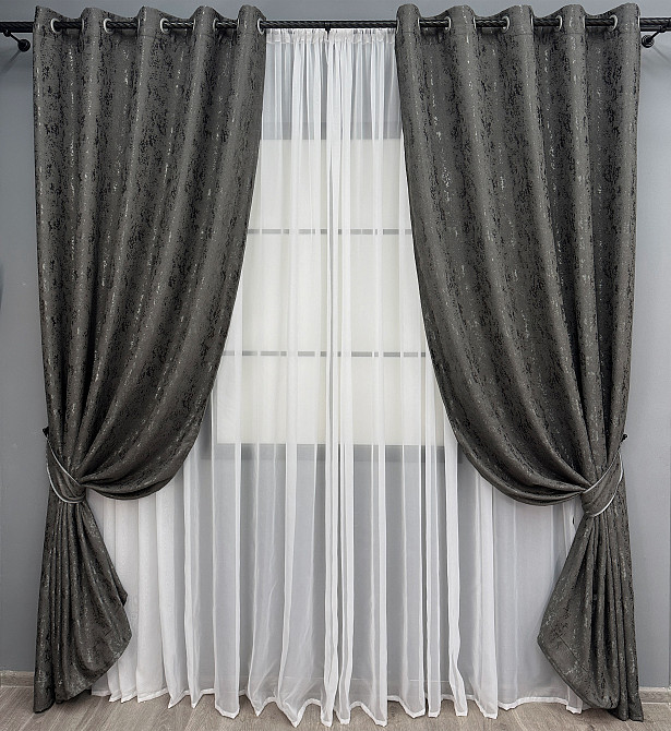 Комплект штор на люверсах VR-Textil Лен мрамор Pavliani № 1667ш Графитовый 150х250 см 2 шт (37-0170) Киев - изображение 2