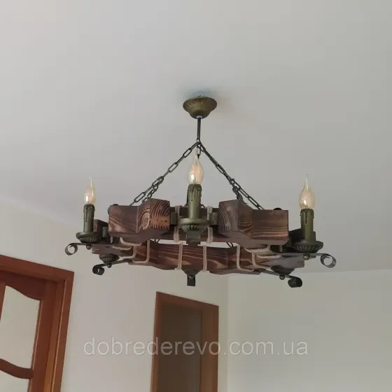 Люстра підвісна дерев'яна шестигранна на 6 свічок ковка Вижниця