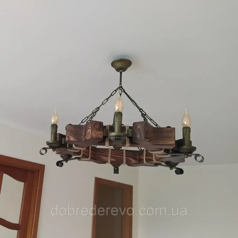 Люстра підвісна дерев'яна шестигранна на 6 свічок ковка Вижниця - фото 5