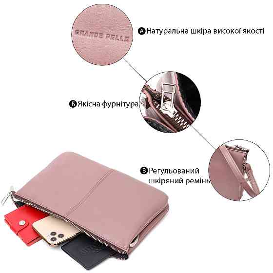 Красивий жіночий клатч із натуральної шкіри GRANDE PELLE 11634 Пудровий Київ