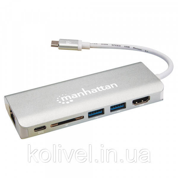 Док-станція USB3.1 Type-C --> HDMI/USB 3.0x2/RJ45/SD/PD 60W Hub 7-in-1 Manhattan (152075) Київ - фото 1