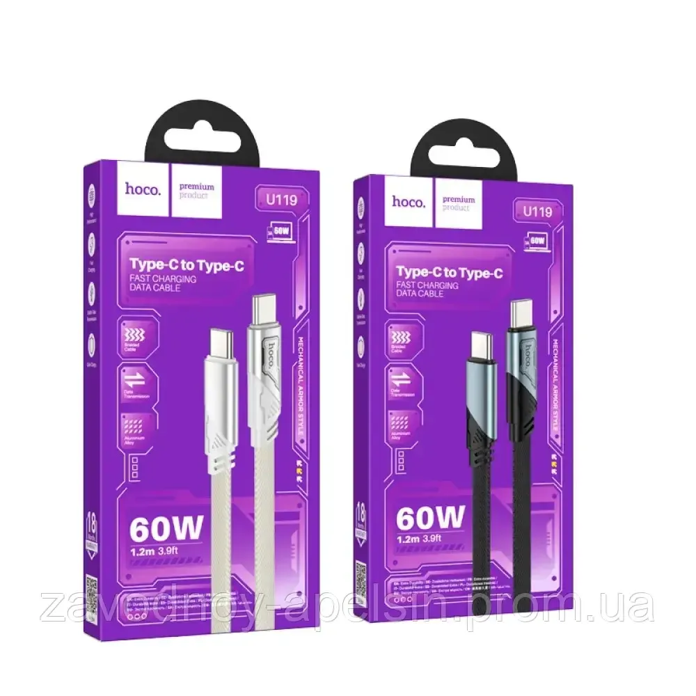 PD-кабель Type-C Type-C 1,2m 60 W Тканинний плоский (hoco) Одеса - фото 1
