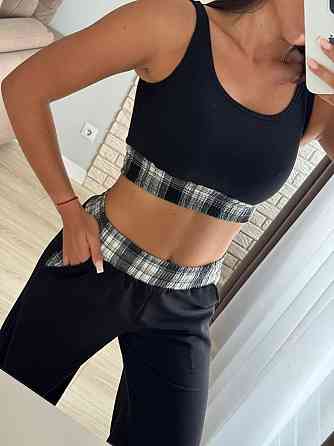 Женский прогулочный костюм тройка: рубашка в клетку топ и штаны фланель + двунитка Серый, 42/44 Одесса