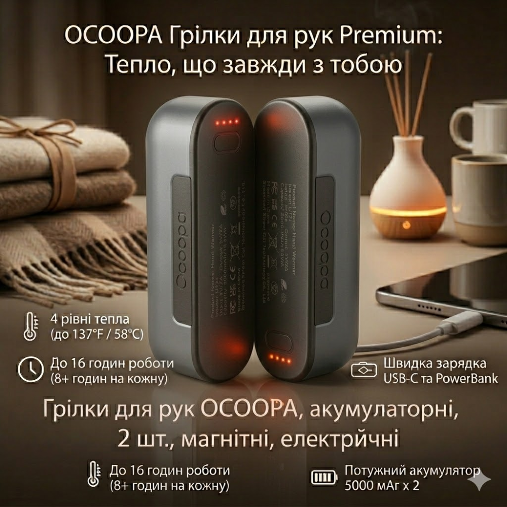 Магнітні грілки для рук OCOOPA MagTwins UT2s 2-в-1, Power Bank 10000 мАг (2×5000 мАг), 4 режими нагріву до 58°C, USB-C, Grey Київ - фото 1