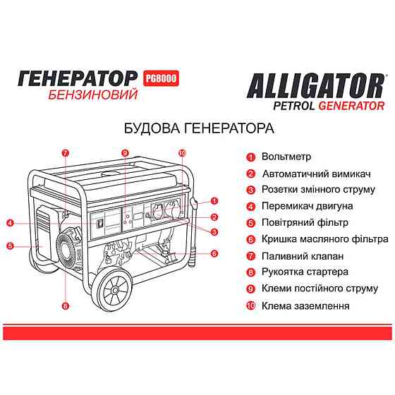 Генератор Alligator бензиновый 6,5кВт (ном 6,0кВт) Днепр