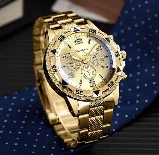 Годинник чоловічий золотистий з золотистим циферблатом у подарунковій коробці Сміла