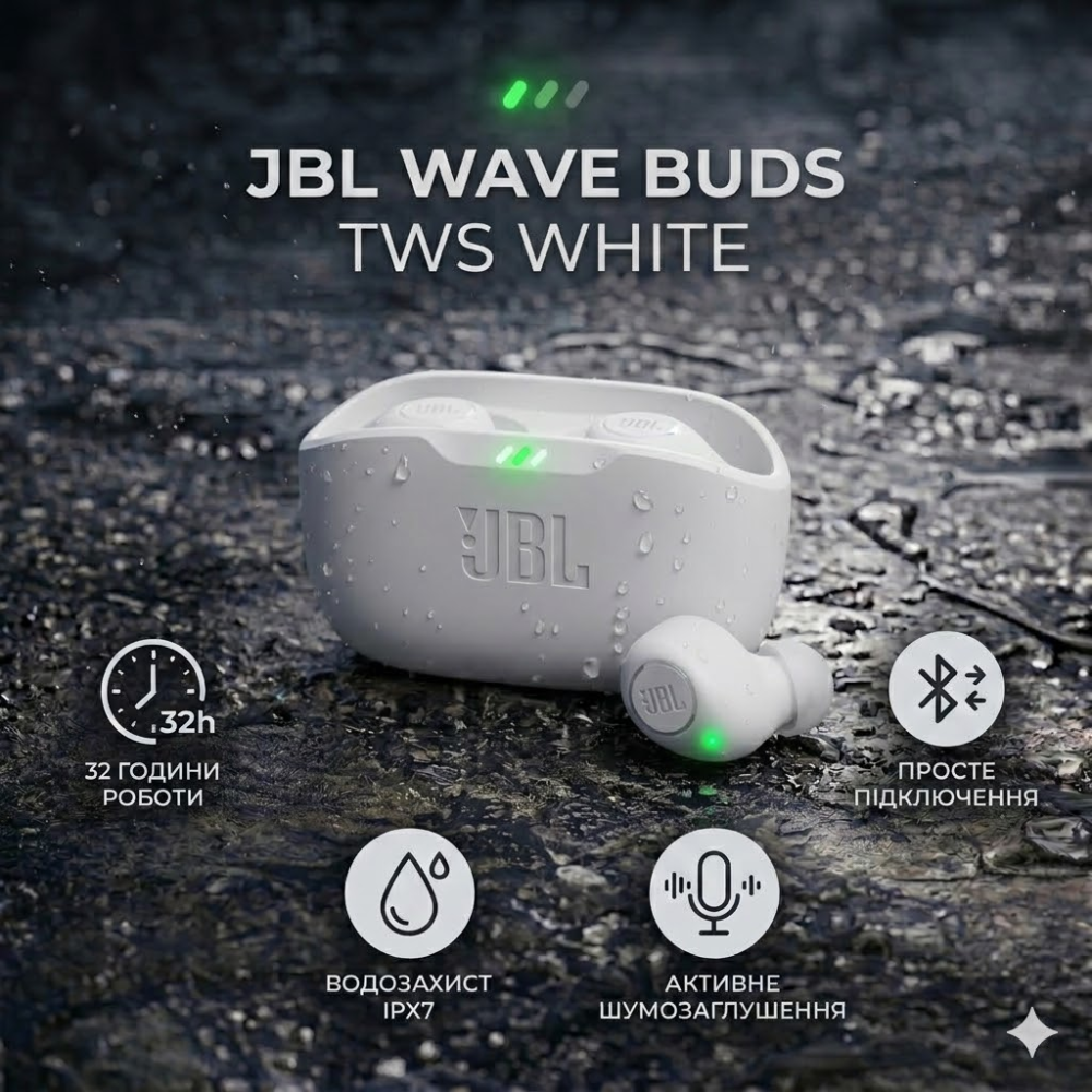 Наушники JBL Wave Buds TWS White, Bluetooth 5.3, ANC, 48 ч, IP54, 4 микрофона, JBL Pure Bass Киев - изображение 2