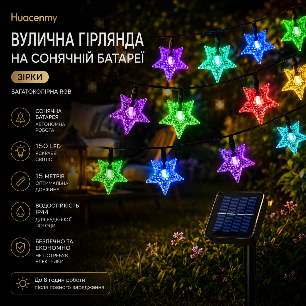 Вулична гірлянда на сонячній батареї Huacenmy "Зірки" (15 м, 150 LED) — Багатоколірна RGB, для саду та свята Київ - фото 11