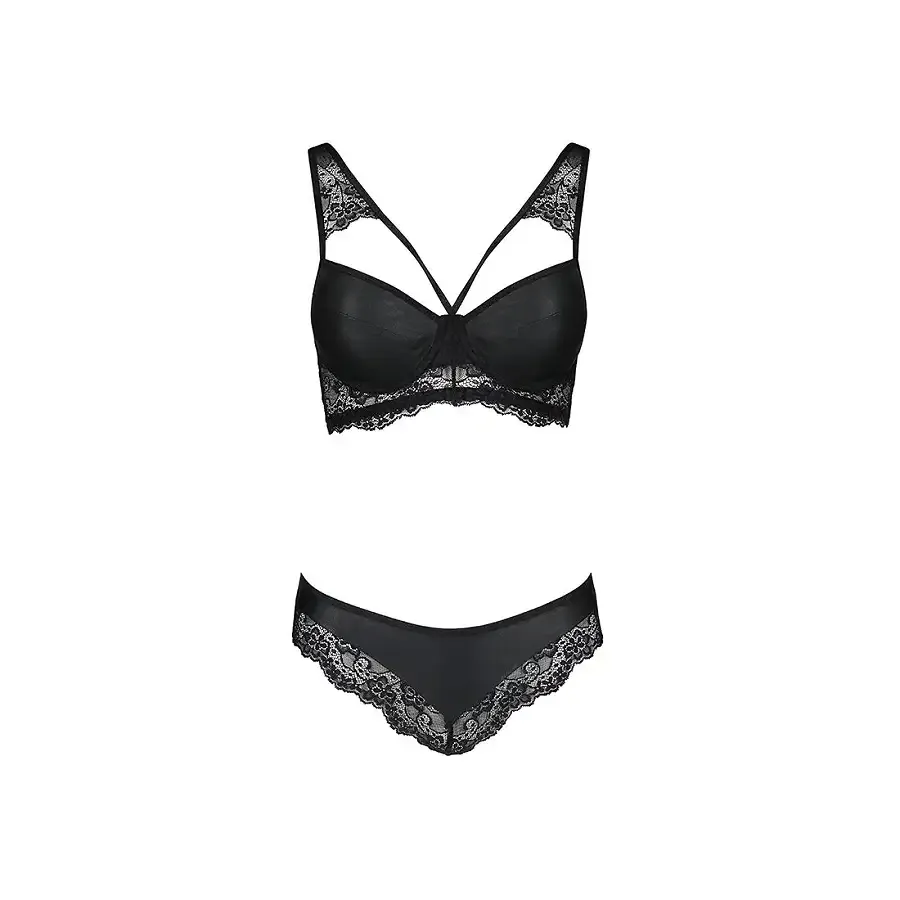 Комплект з еко-шкіри та мережива Passion LOONA SET S/M, black, бра і трусики Львів - фото 5