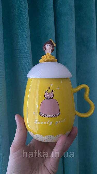 Кухоль чашка дитяча кераміка з кришкою і ложкою Olens "Принцеса" 360 мл жовтий Київ - фото 1