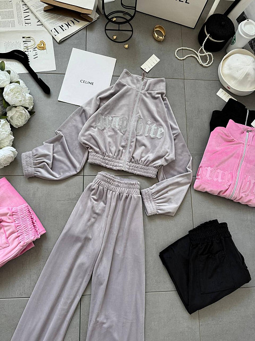 Женский стильный костюм двойка кофта с вышивкой и штаны велюр Серый, 42/44 Одесса - изображение 3