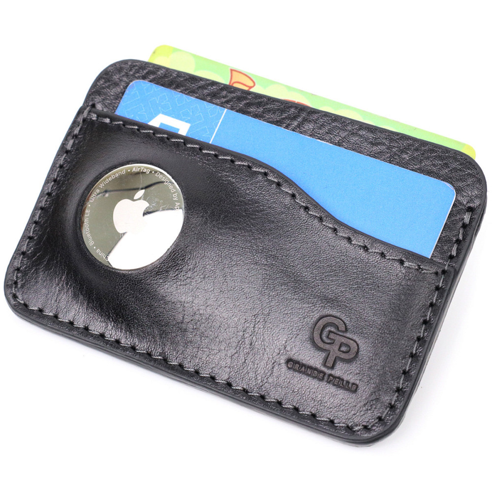 Картхолдер горизонтального типа с держателем для Apple AirTag из натуральной кожи GRANDE PELLE 11613 Черный Киев - изображение 5