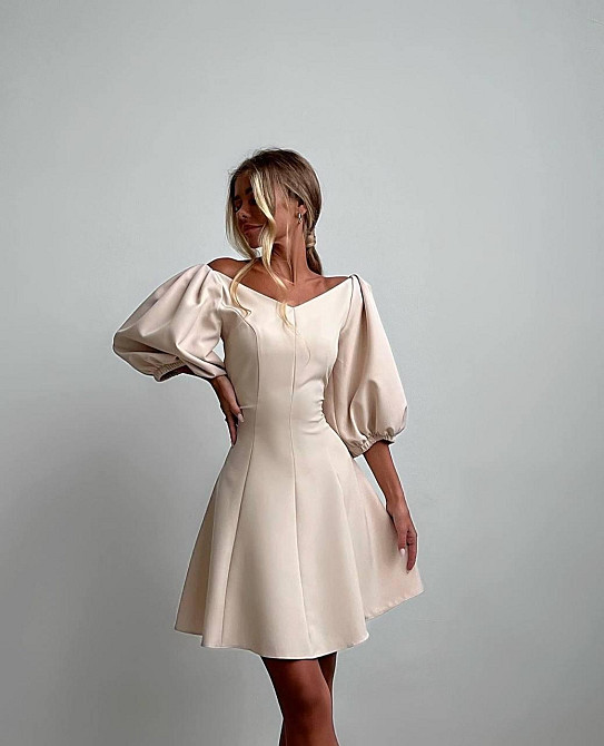 Женское романтическое мини платье с объемным рукавом костюмка Бежевый, 44/46 Одесса - изображение 2