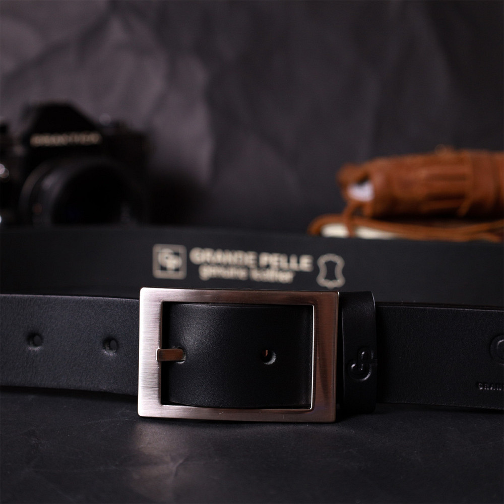 Кожаный брючный ремень для мужчин из квадратной пряжкой Черный (GRANDE PELLE) Киев - изображение 3