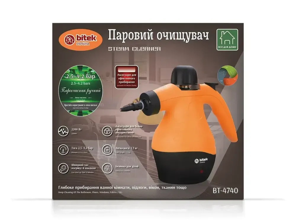 Паровий очищувач дротовий для прибирання 2200Вт 4.2бар Steam Cleaner BITEK BT-4740 бак для води 360мл, 1 режим Одеса - фото 2