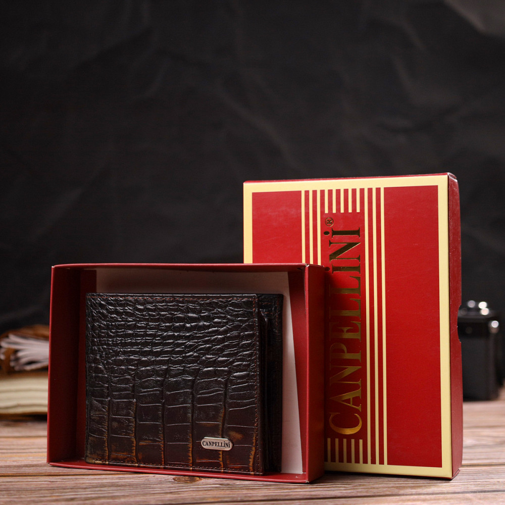 Оригинальное мужское портмоне из натуральной фактурной кожи с тиснением под крокодила CANPELLINI 21784 Темно коричневое Киев - изображение 1