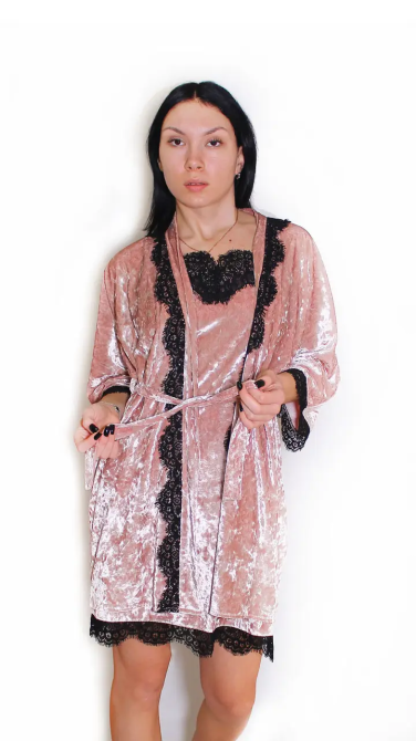 Ночная рубашка с халатиком из велюра Пудровый S/M Харьков - изображение 1