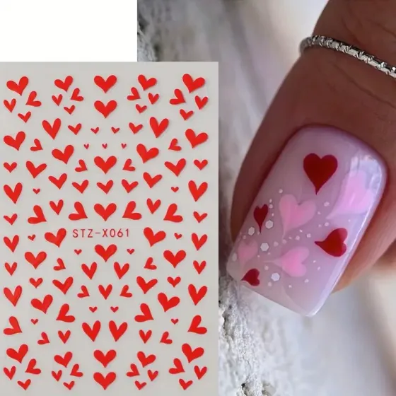 3D стікери для манікюру з червоними сердечками – романтичні наклейки для дизайну нігтів Київ