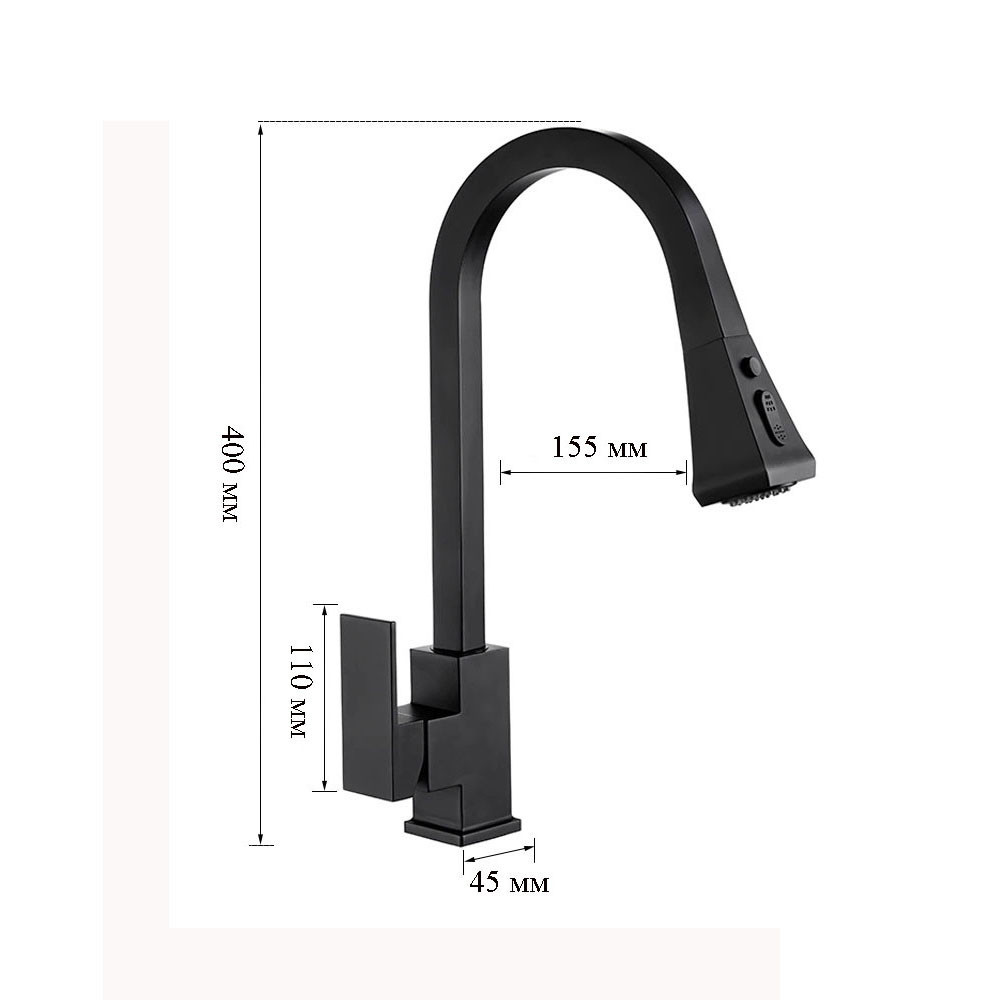 Смеситель кухонный с выдвижным сливом, однорычажный кран для раковины на кухню, латунный WanFan Черный Каменец-Подольский - изображение 5