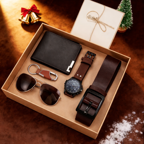 Подарунковий набір для чоловіків 6 в 1 наручний годинник окуляри конверт ремінь гаманець брелок коричневий Київ