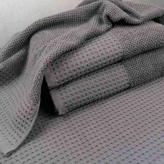 Комплект махрових рушників Вафельний Бордюр 2шт GM Textile 50х90см, 70х140см 500г/м2 (Сірий) Суми