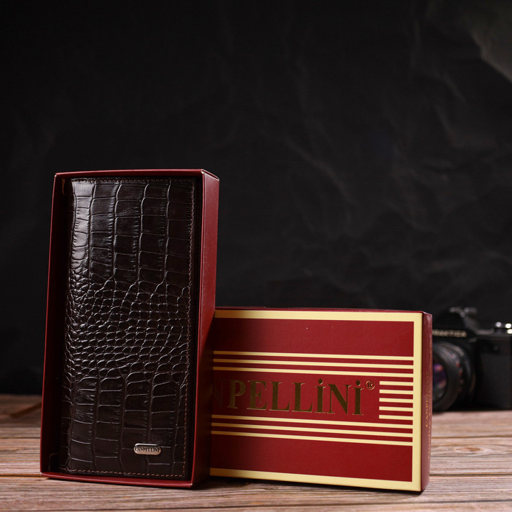 Стильний чоловічий вертикальний гаманець із натуральної шкіри із тисненням під крокодила CANPELLINI 21900 Коричневий Київ - фото 9