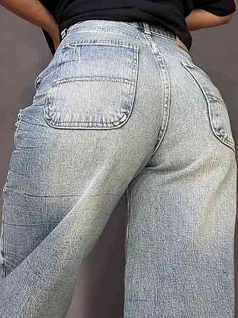 Джинси жіночі I8 52428 Skater Jeans банани висока посадка варка з жатим ефектом косі кишені блакитні Одеса