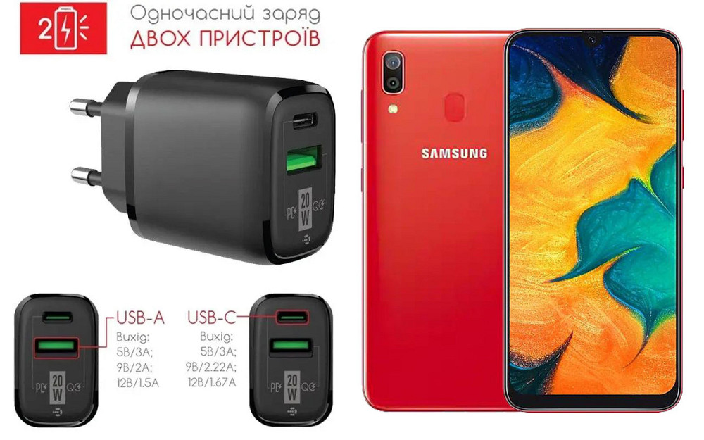 Сетевое зарядное устройство для Samsung Galaxy A30, Galaxy A30s, 20W 3A, Quick Charge 3.0 Киев - изображение 1