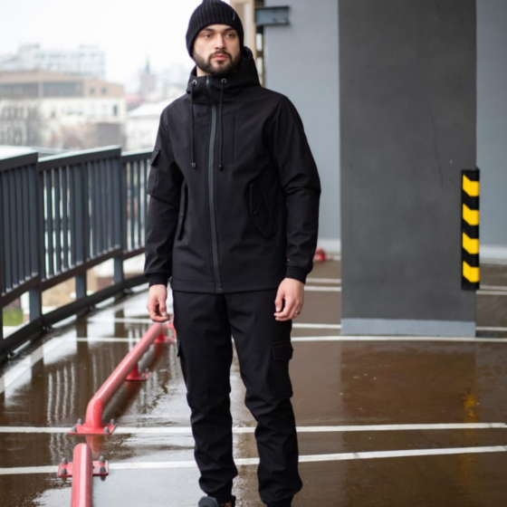 Мужской тактический костюм Softshell Intruder черный, куртка с капюшоном и штаны с карманами и с манжетами соф Одесса
