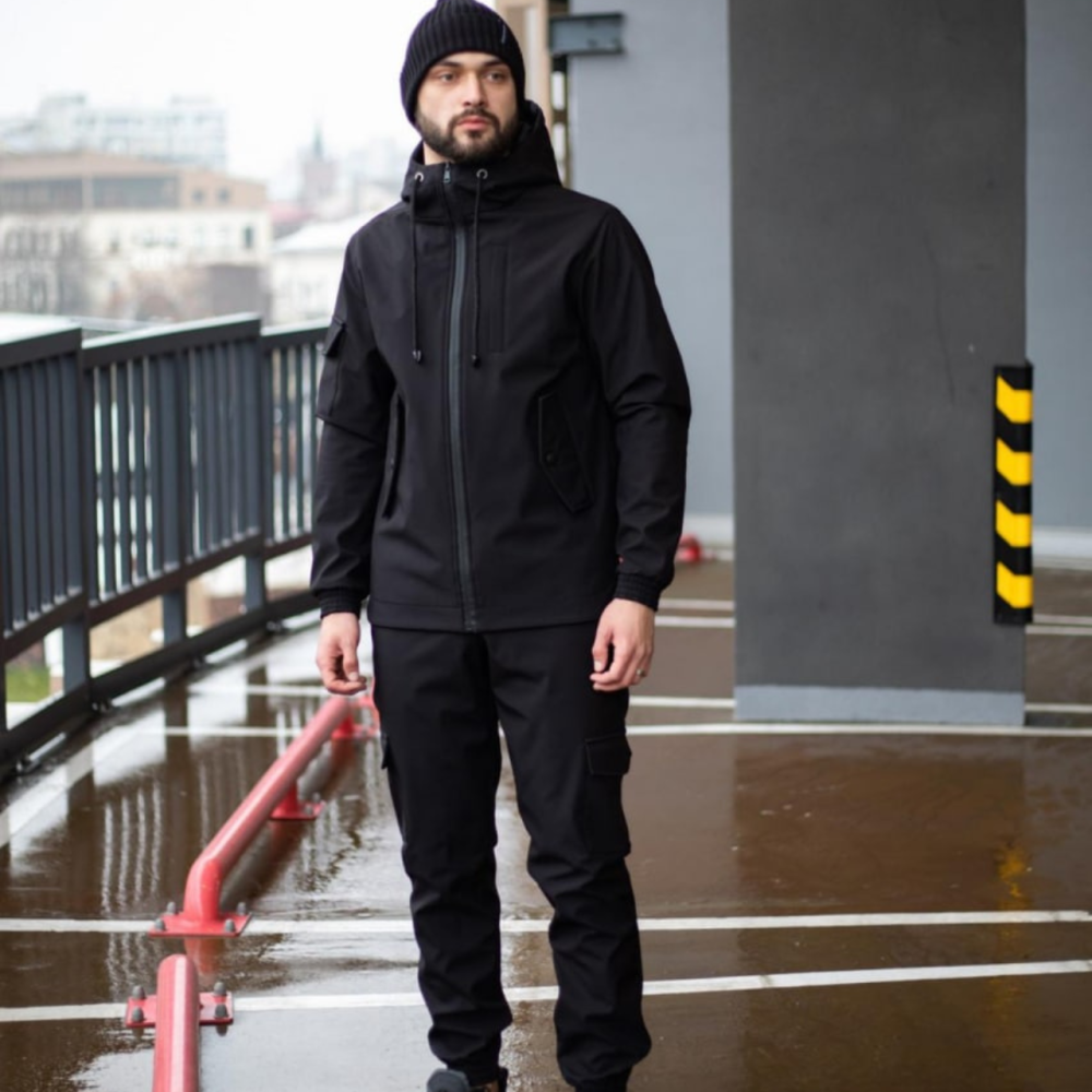Мужской тактический костюм Softshell Intruder черный, куртка с капюшоном и штаны с карманами и с манжетами соф Одесса - изображение 1