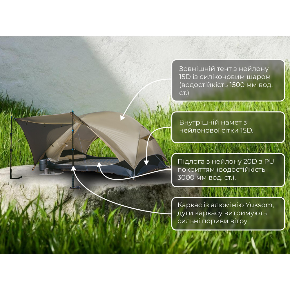 Намет двомісний ультралегкий Naturehike Mongar UL CNK2550WS016, коричневий Київ - фото 11