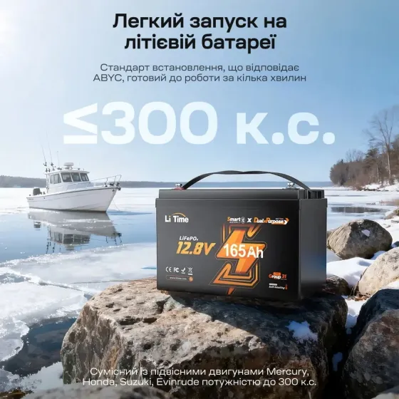Акумуляторна батарея літій-залізо-фосфатна з Bluetooth та підігрівом стартерна / тягова 12.8В 165А*год LiFePO4 LiTime Dual Purpose Київ