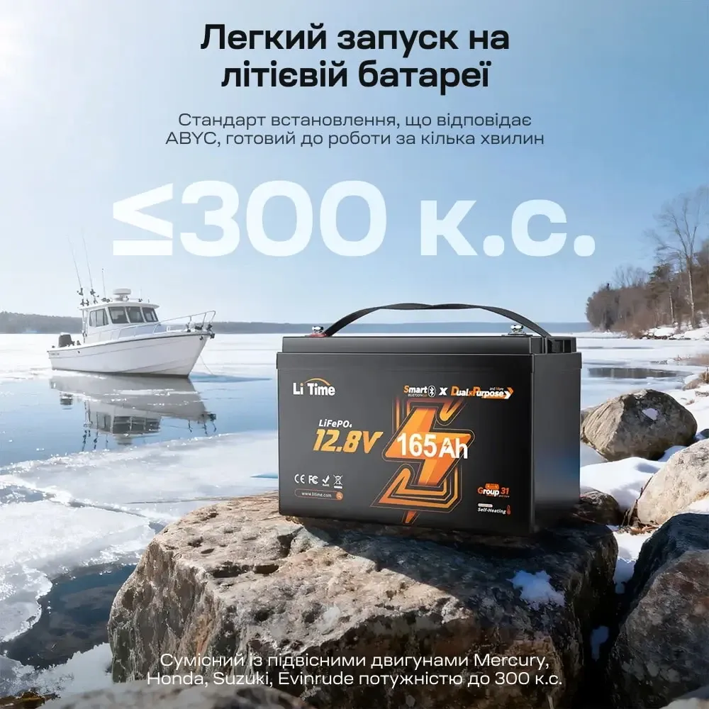 Акумуляторна батарея літій-залізо-фосфатна з Bluetooth та підігрівом стартерна / тягова 12.8В 165А*год LiFePO4 LiTime Dual Purpose Київ - фото 4